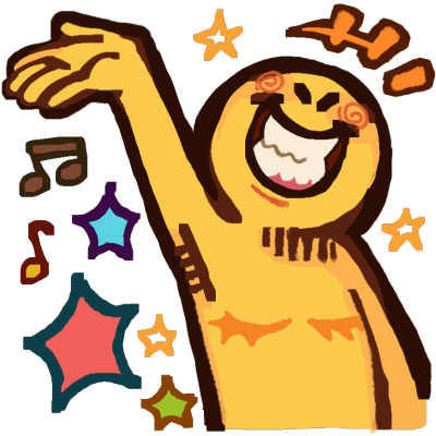 A beaming emoji yellow person with top surgery scars, holding up one arm. there are sparkle symbols around them to show their happiness.